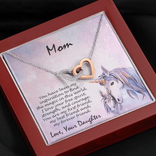 Gift for Mother from Daughter Gold and Silver Hearts Pendant Necklace on Unicorn Message Card