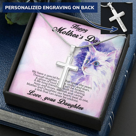 Mother's Day Personalized Cross Pendant Necklace Gift for Mother from Daughter on Cat Message Card