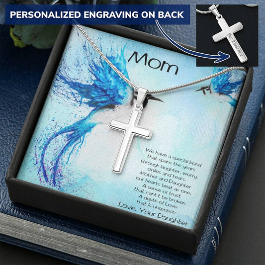 Personalized Cross Pendant Necklace Gift for Mother Blue Bird Message Card