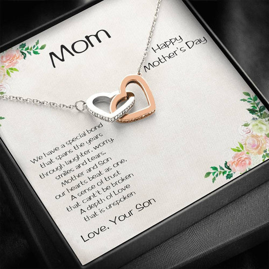 Gift for Mom from Son Interlocking Heart Pendant Necklace Mother's Day Message Card