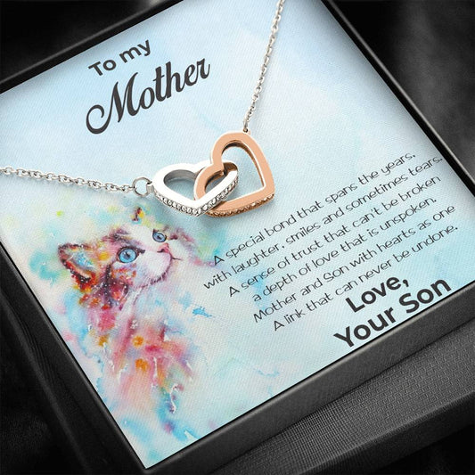 Gift for Mother from Son Heart Pendant Necklace on Personalized Cat Message Card