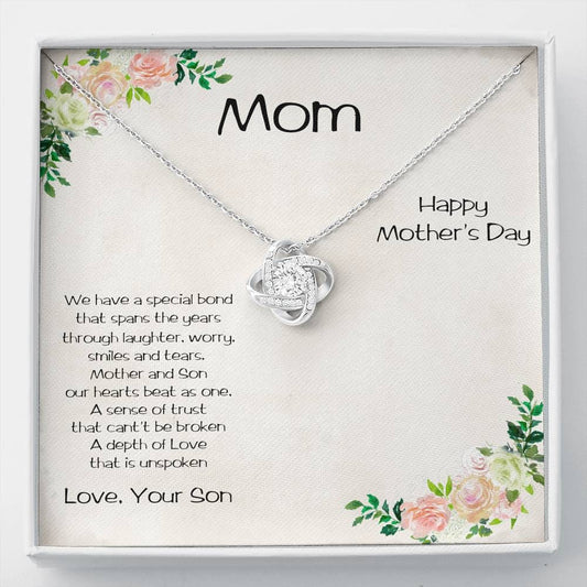 Gift for Mom Love Knot CZ Pendant Necklace from Son Mother's Day Message Card