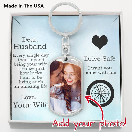 Gift for Husband Custom Photo and Engraved back Military Style Dog Tag Keychain