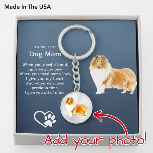 Best Dog Mom Custom Photo and Engraved Back Circle Pendant Keychain Message Card