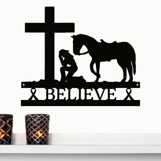 Cancer Ribbon Believe Cowgirl Kneeling at Cross  Metal Art