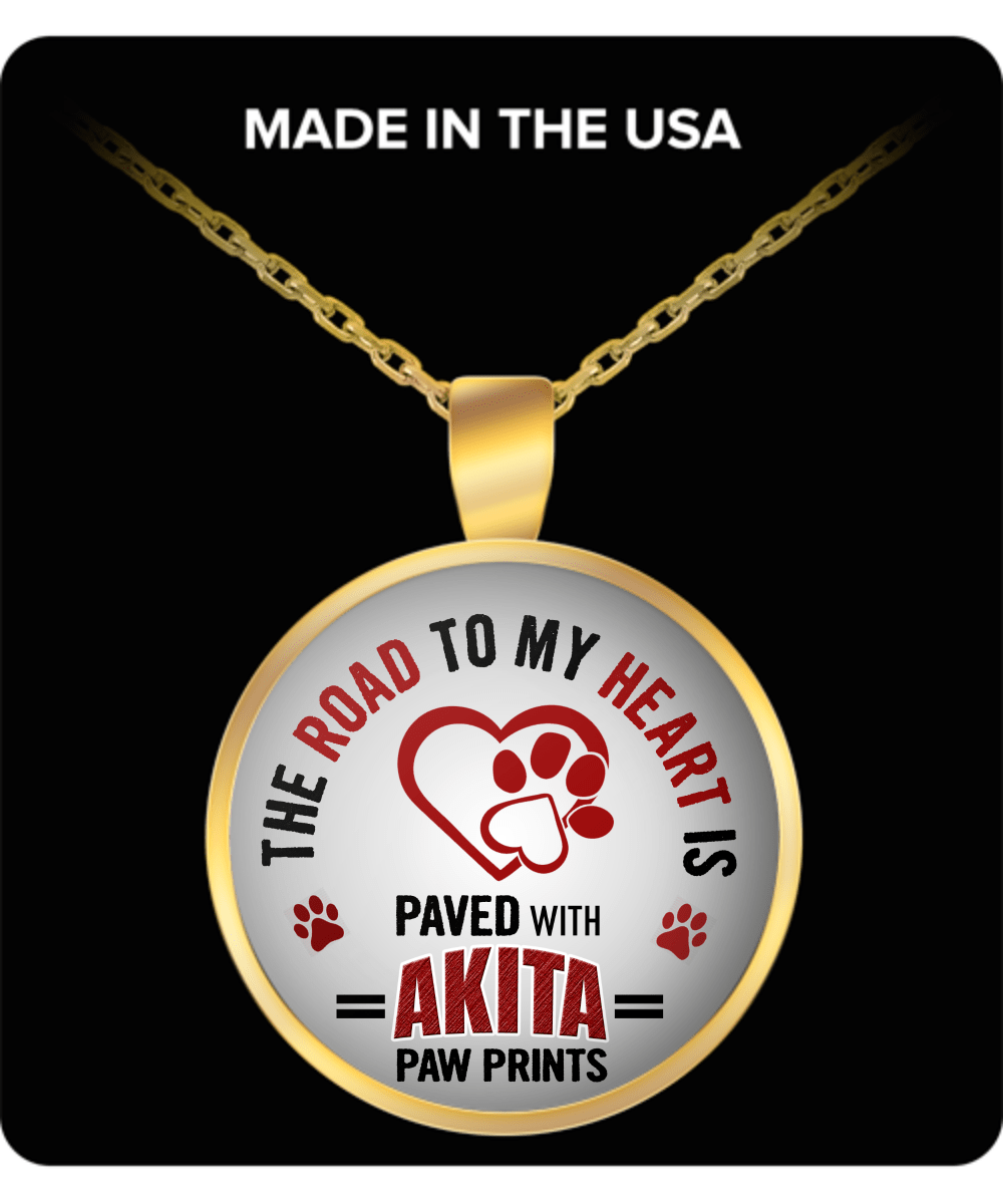 The Road To My Heart Is Paved With Akita Paw Prints Round Gold Plated Pendant Necklace