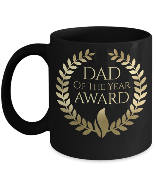 Dad of the Year Award Gold Lettering on Black Mug